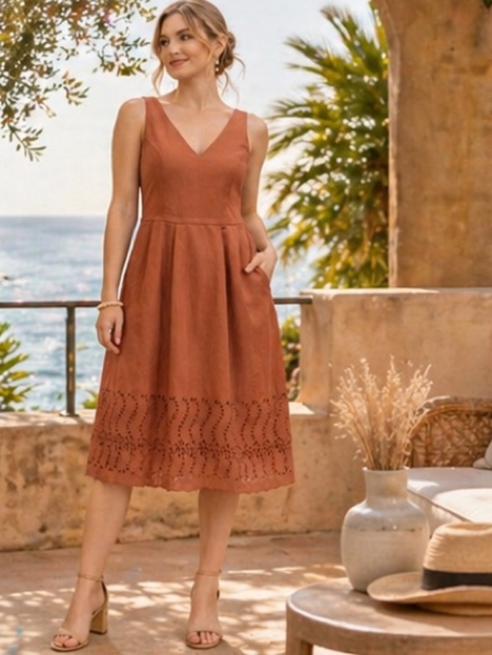 🔥J.Crew Terracotta Midi Dress ✨Sleeveless V-Neck Fit & Flare Summer Wedding Gues